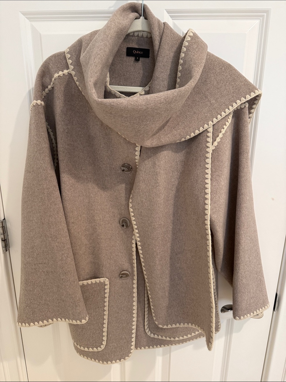 Quince Taupe Wool-Blend Scarf-Collar Sweater Coat with Cream Trim